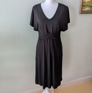 Tommy Bahama Womens Medium Vneck Midi Dress Waist Gathered Black SplitSleeve 165